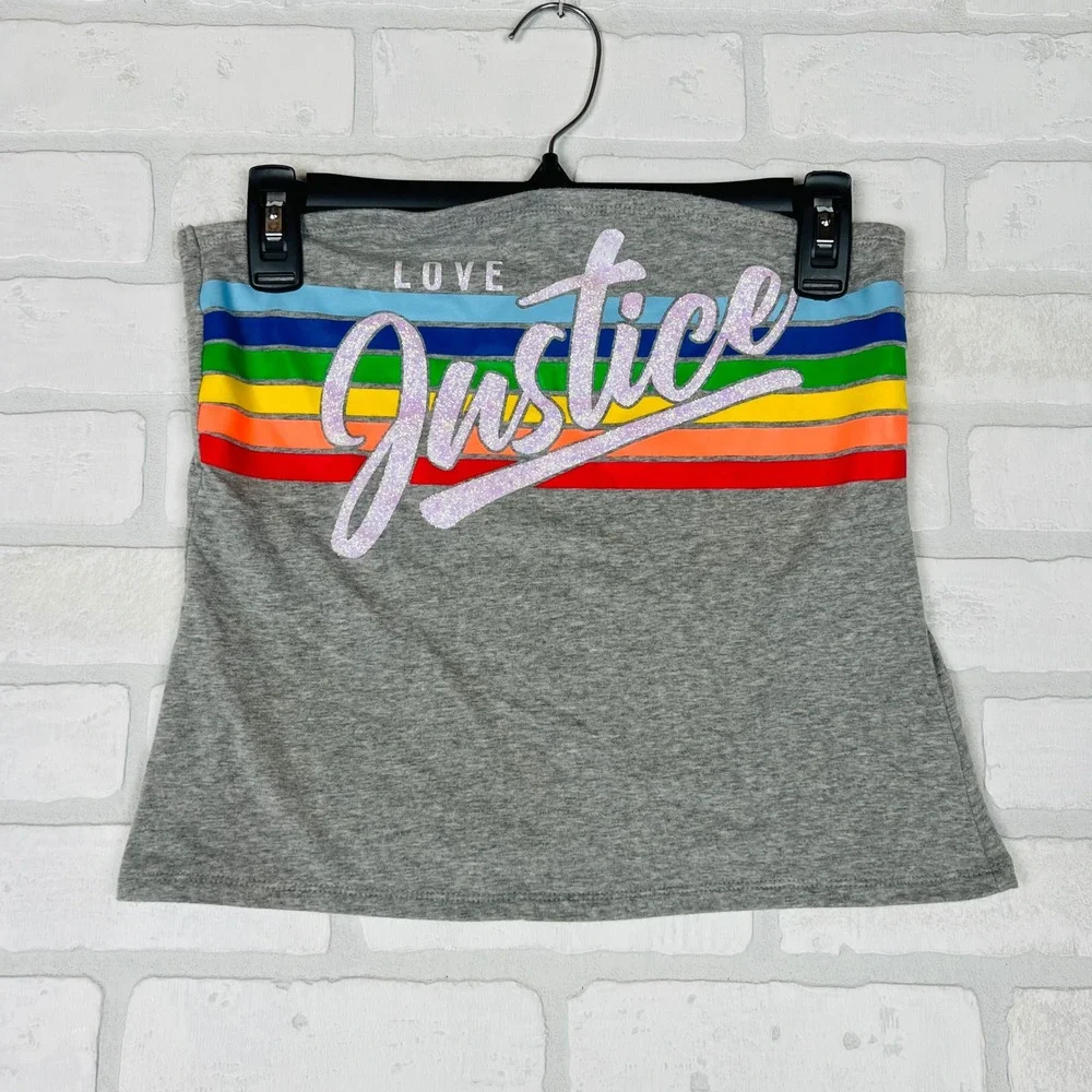 Justice Girls Grey Rainbow Glitter Love Justice Tube Top Strapless Shirt Size 14